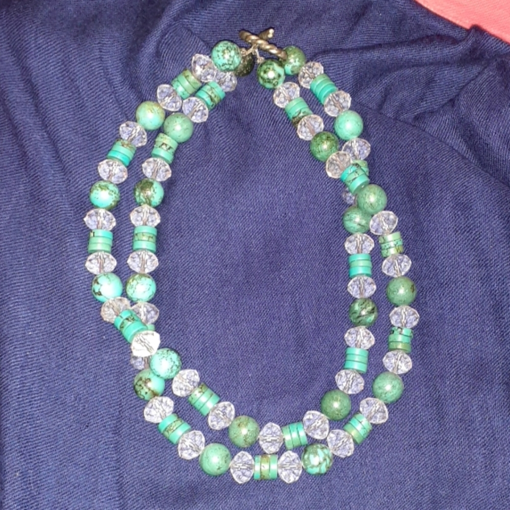Double string turquoise and clear beaded necklace